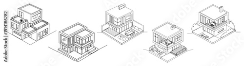 Set of modern isometric house designs with terraces in minimalist architectural style