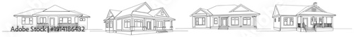 Collection of four suburban family house sketches in continuous line art style