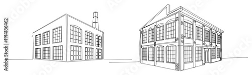 Industrial factory and warehouse buildings with chimney in minimalist continuous line drawing style