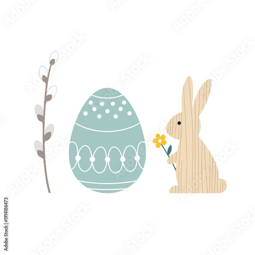 Scandinavian style Easter decor with bunny and decorated egg  