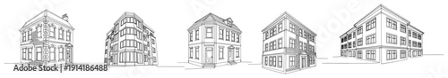 Set of historical urban townhouses and corner buildings in minimalist continuous line art style