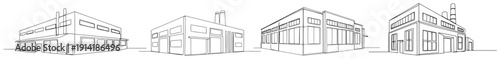 Set of industrial factory and warehouse building sketches in minimalist line art style