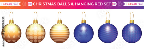 Christmas ornament ball hanging vector set, red, green, blue, gold baubles with stripes, stars, snowflakes pattern, Holiday decorations design elements isolated on white background.