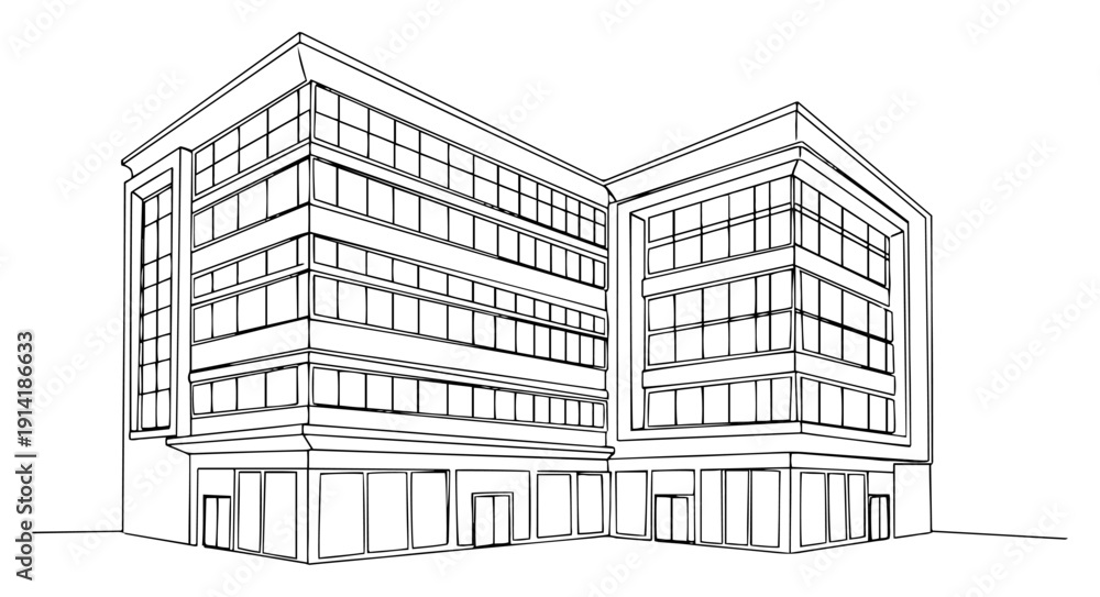Fototapeta premium Large modern commercial office building facade in minimalist continuous line art style