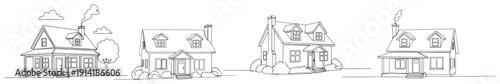 Set of traditional suburban house sketches in minimalist continuous line art style