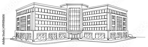 Large modern office building facade in minimalist continuous line art drawing style