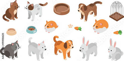 Cute Pet Animals Vector Set Featuring Cats, Dogs, Rabbits, Hamsters, Food Bowls, and Accessories for Kids and Pet Care Designs