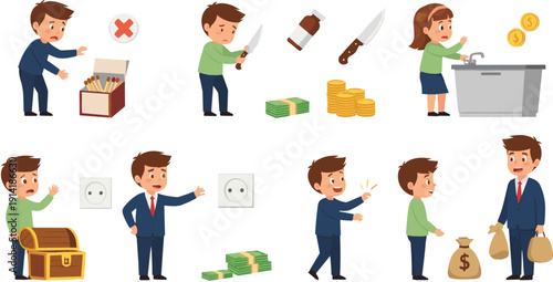 Cartoon Crime and Theft Concept Vector Set Showing Stealing Money, Robbery Actions, Illegal Behavior, and Financial Crime Scenarios