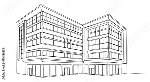 Large modern commercial office building facade in minimalist continuous line art style