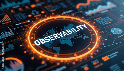 Digital dashboard interface featuring observability text for IT infrastructure monitoring and data analytics