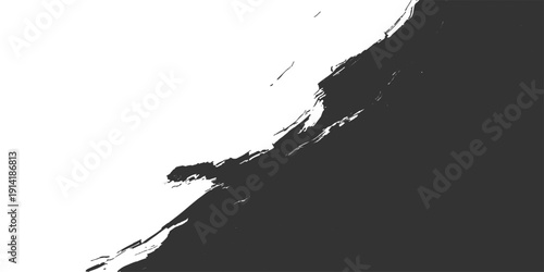 Black ink splashes and splats create a grunge paint texture design with a silhouette pattern of liquid droplets and an artistic vector border on white paper