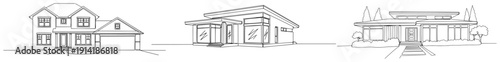 Set of modern and traditional residential house designs in minimalist line art perspective sketches