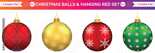 Christmas ornament ball hanging vector set, red, green, blue, gold baubles with stripes, stars, snowflakes pattern, Holiday decorations design elements isolated on white background.