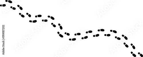 Black dotted footprint trail forming wavy path with small oval steps isolated on pure white background