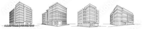 Set of modern office buildings and commercial centers in continuous line art style
