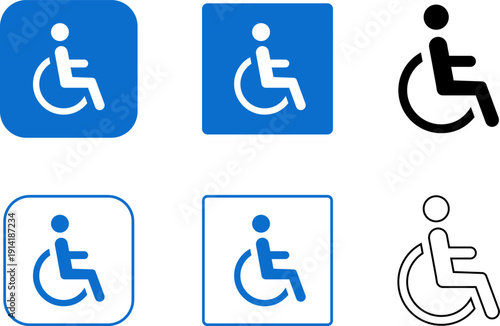 Universal wheelchair accessibility icons set in blue rounded squares and solid black outline on pure white background