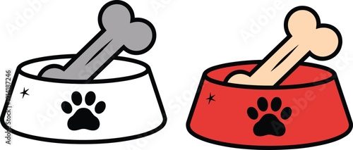 Dog food bowl with bone vector illustration, pet feeding dish icons set, puppy nutrition symbol isolated on white background for veterinary branding