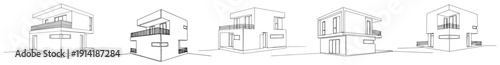 Set of modern cubic minimalist house perspective views in line art style