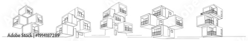 Conceptual modular cubic housing designs drawn in a simple continuous line style