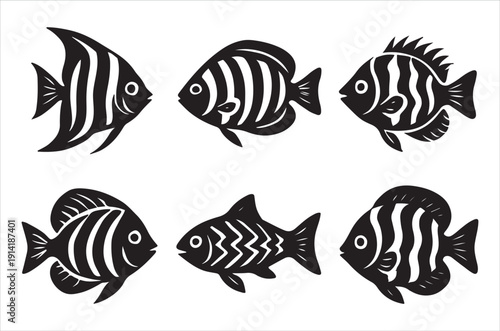 Stylized black and white illustration of six different fish species