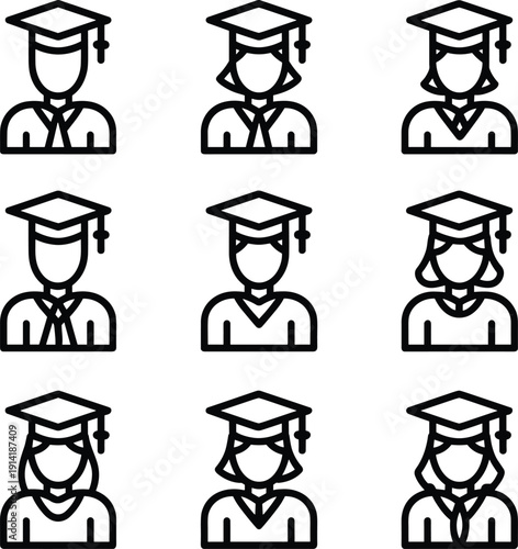 Graduation Icon Set Featuring Male and Female Students Wearing Mortarboards and Academic Gowns for University Commencement Higher Education Degree Achievement Alumni and School Convocation Celebrati