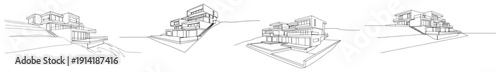 Modern multi level luxury villas on a slope in continuous line drawing style