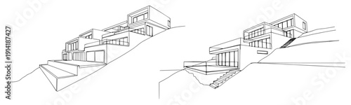 Minimalist architectural sketch of a modern tiered house built on a steep hillside slope