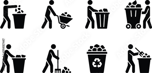 Waste management worker icons set, garbage collection and recycling symbols, sanitation service concept, trash disposal illustration isolated on white background