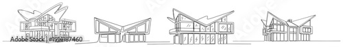 Collection of contemporary house sketches with dynamic angular roof structures in minimalist line art style