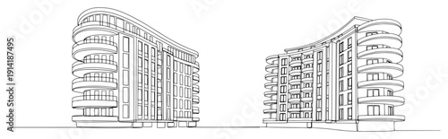 Modern multi story apartment building with rounded balconies in continuous line style