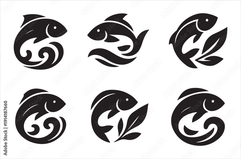 Obraz premium Stylized black fish designs with swirling tails and leaf elements