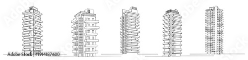 Set of tall residential skyscraper sketches with modular balcony designs in line art