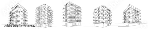 Set of modern apartment building designs in minimalist continuous line art style