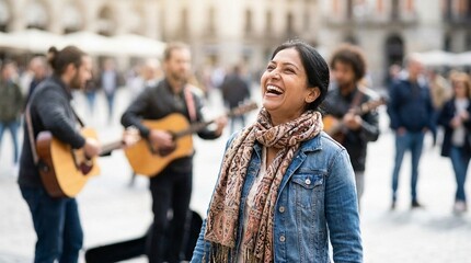 Young adult woman laughing in busy city square, candid street portrait with denim jacket and scarf, joyful travel lifestyle mood, public festival atmosphere