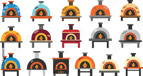 Wood Fired Pizza Oven Vector Set Showing Traditional Brick, Stone, and Modern Ovens for Restaurant, Bakery, and Italian Food Designs