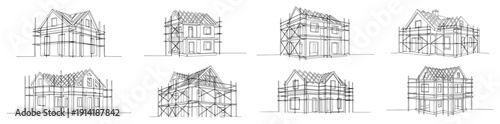 Set of houses under construction with scaffolding and roof frames in continuous line art