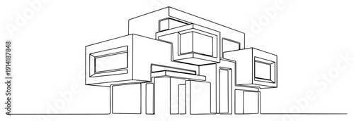 Futuristic modern house architecture with stacked geometric blocks in minimalist one line art