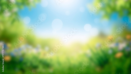 Sunny spring meadow blur background, blue sky and green grass