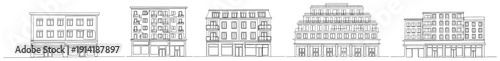 Set of modern apartment building facades and urban architectural elements in black and white line art