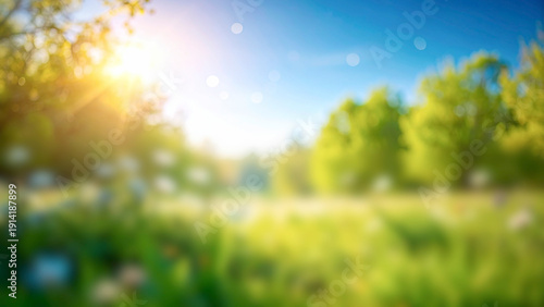 Sunny spring meadow blur background, blue sky and green grass