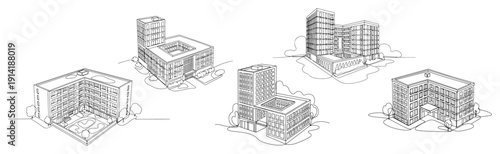 Set of modern office campus and educational building complexes with courtyards in line art style