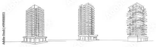 Set of minimalist skyscraper sketches showing modern high rise residential apartment buildings with balconies