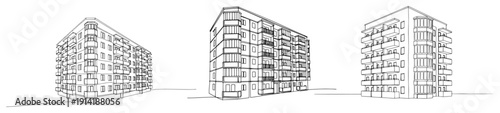 Collection of architectural line drawings representing multi story residential apartment blocks and housing units