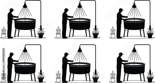 Aquaculture worker feeding fish in tank silhouette, indoor farming system, sustainable seafood production, hatchery maintenance and water management concept