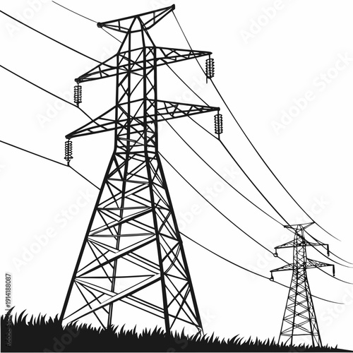 Voltage electric power transmission towers with insulators and wires