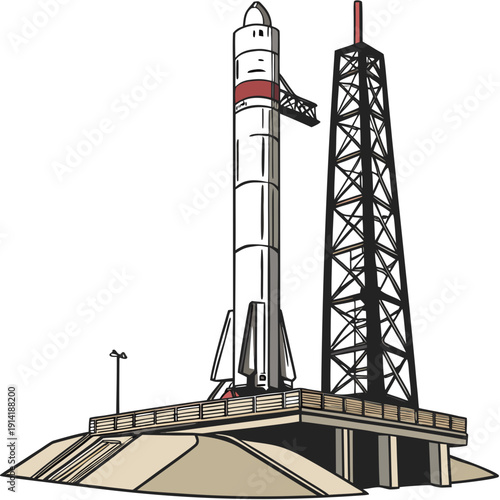 White rocket on launchpad with service tower space