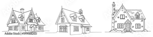 Collection of traditional cottage houses and Victorian style homes in hand drawn line art style