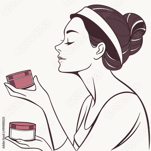 Woman holding pink skincare products with eyes closed