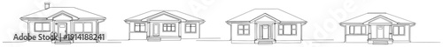 Set of suburban bungalow house elevations and ranch style home designs in minimalist line art