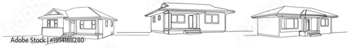 Minimalist line art set of three small suburban bungalow houses